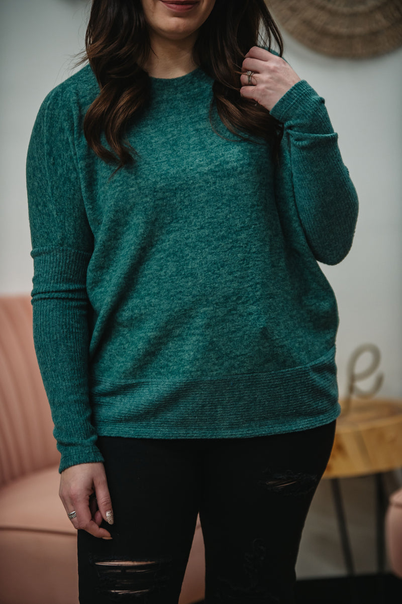 Ribbed Brushed Dolman Sweater - Heather Green