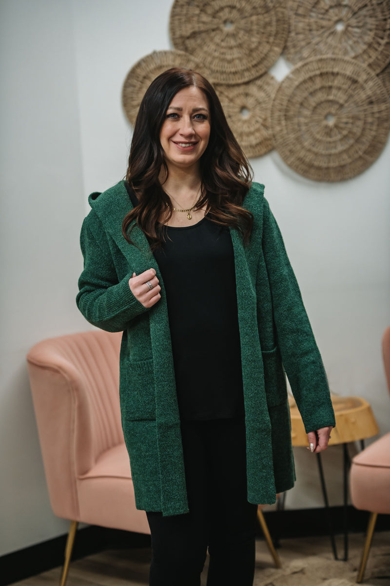 Hooded Open Front Cardigan - Heather Green