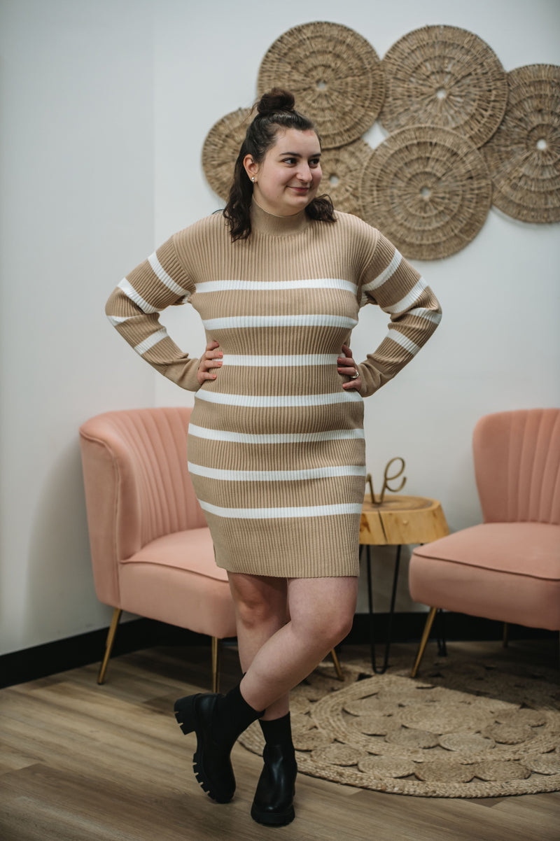 Dex Striped Mockneck Sweater Dress - Beige